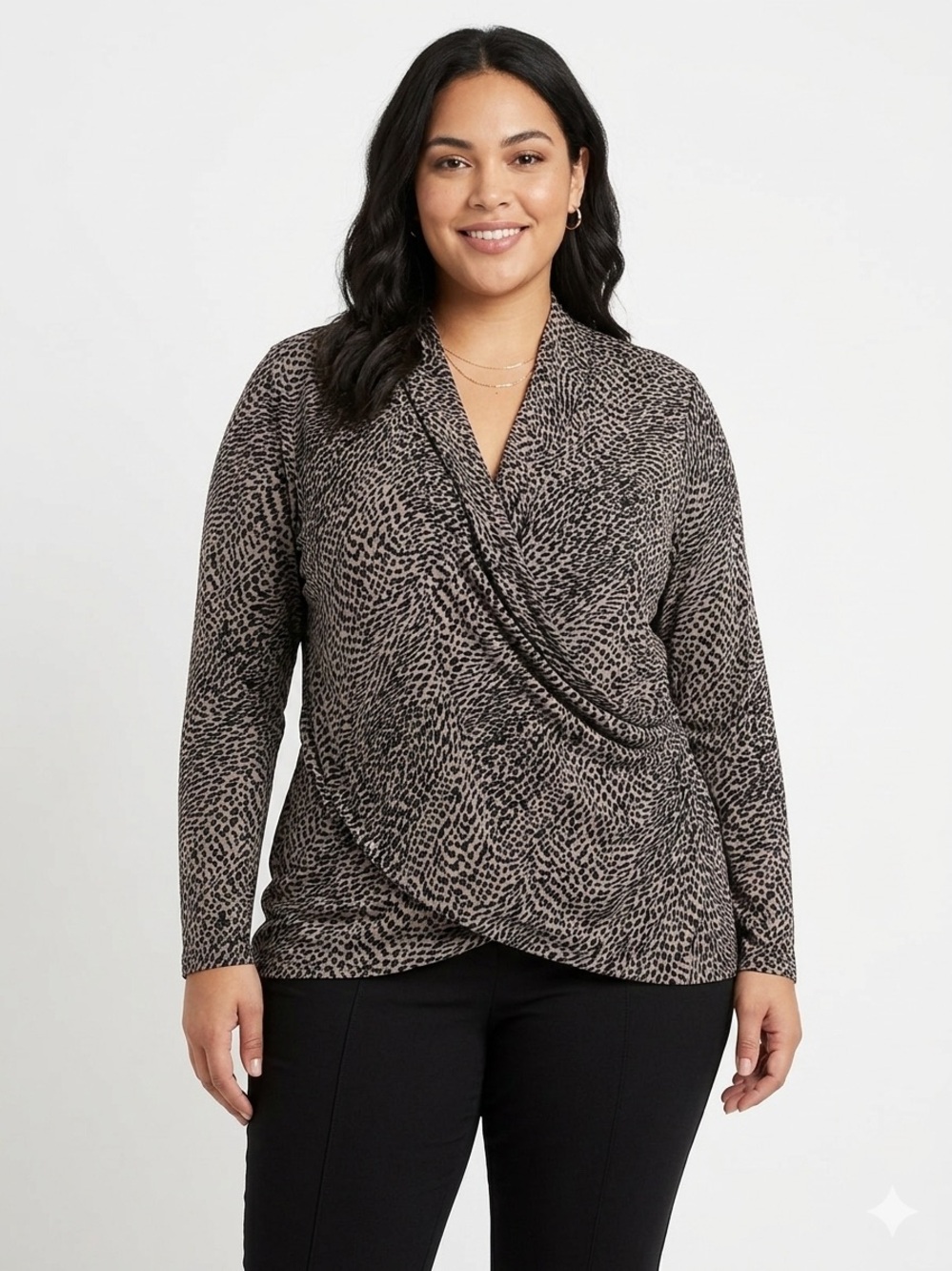 Apt. 9 NWOT Faux Wrap Animal Print Draped Front Top Long Sleeve Stretchy Comfy